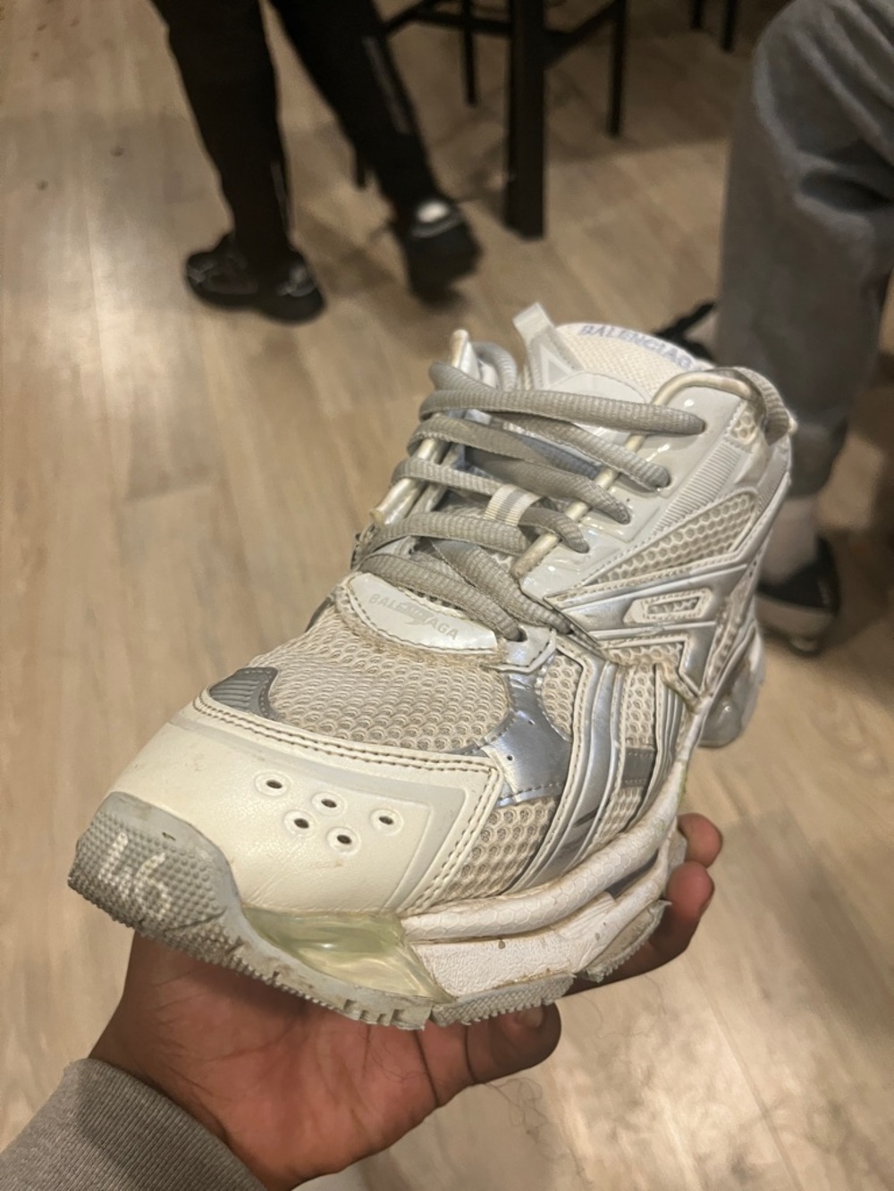 Balenciaga Off-White and Silver Mesh Leather Trainer